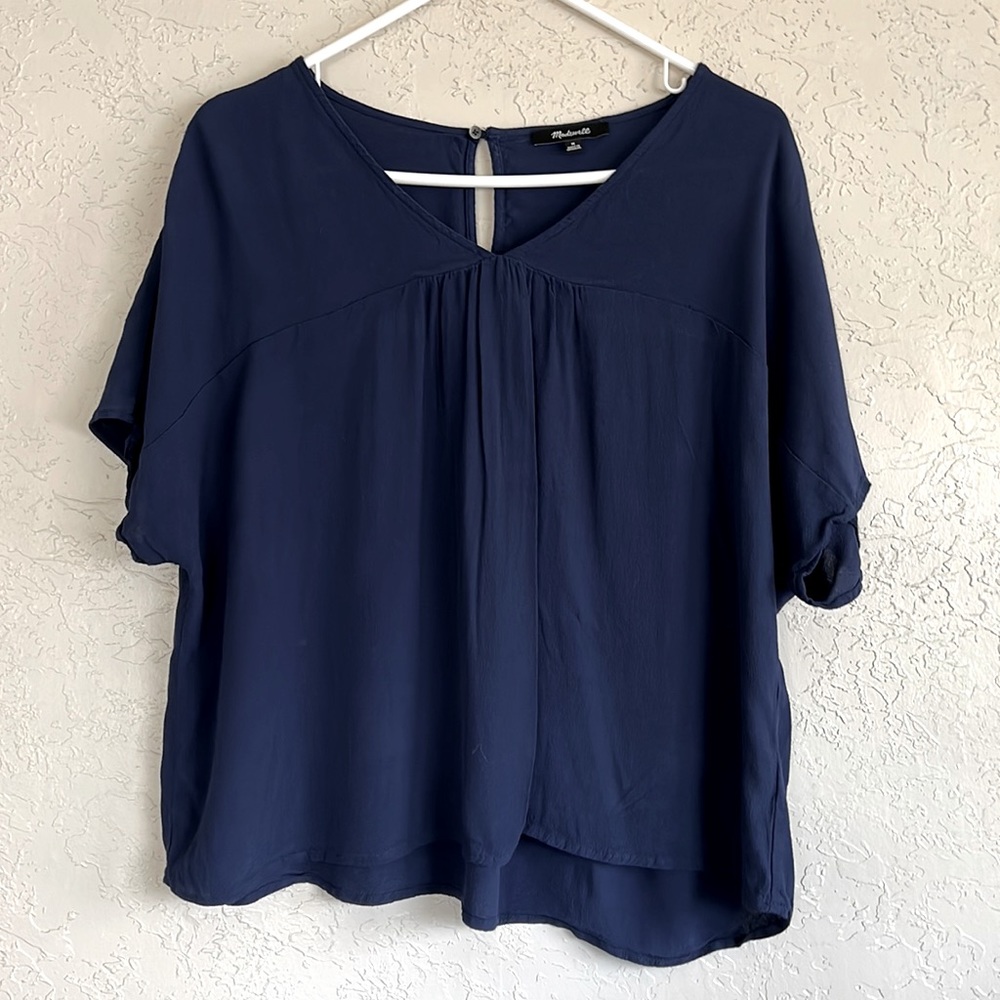 Madewell V-Neck Keyhole Accent Oversized Boxy Blouse Navy Blue
